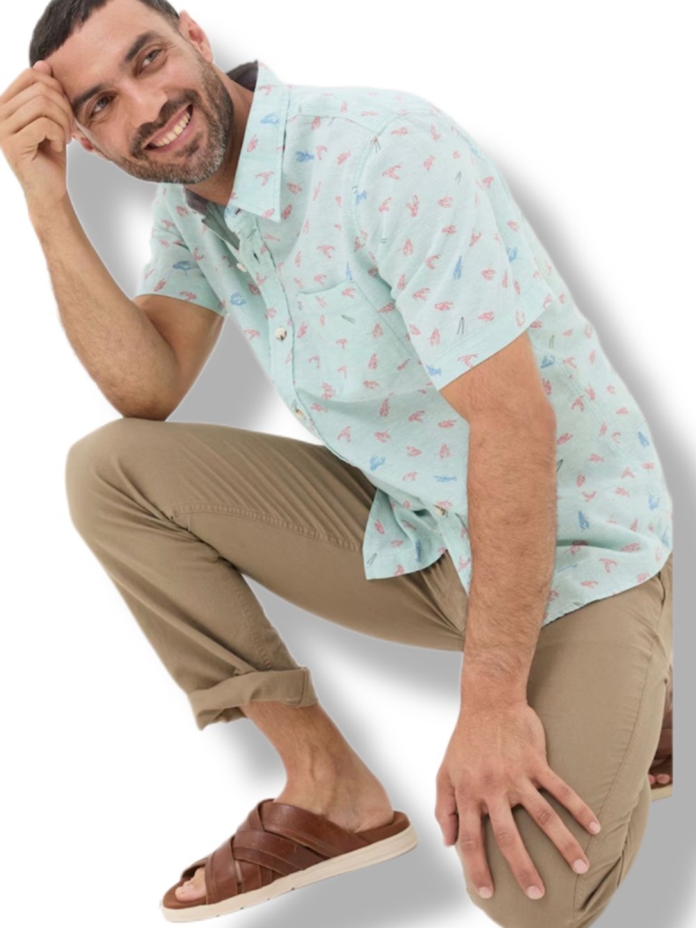 FatFace Men's Aqua Blue Lobster Print Linen Cotton Short Sleeve Shirt